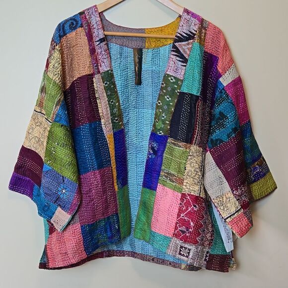 Aratta Silent Journey Patchwork Audrey Silk Kimono Cotragecore Festival Artisan - Picture 1 of 16
